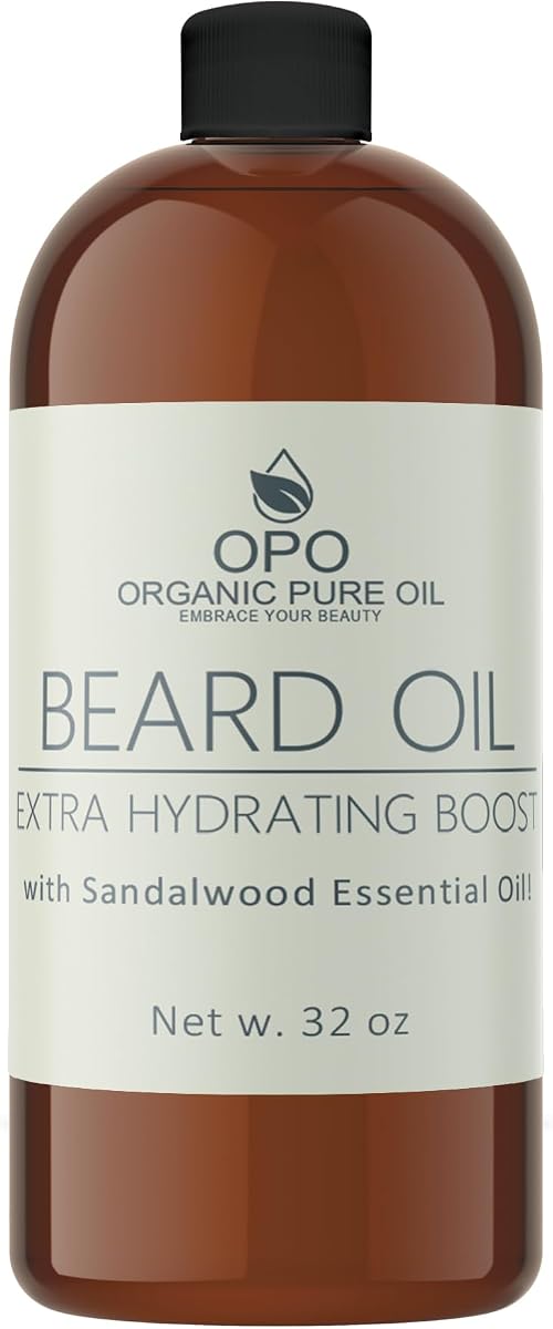 Aceite para barba de sándalo - Natural, sin OGM, mezcla de aceites hidratantes y acondicionadores para el cabello facial - 32 oz - Tamaño a granel, que promueve el crecimiento y un cabello suave y sedoso - ¡Jojoba, argán y más!