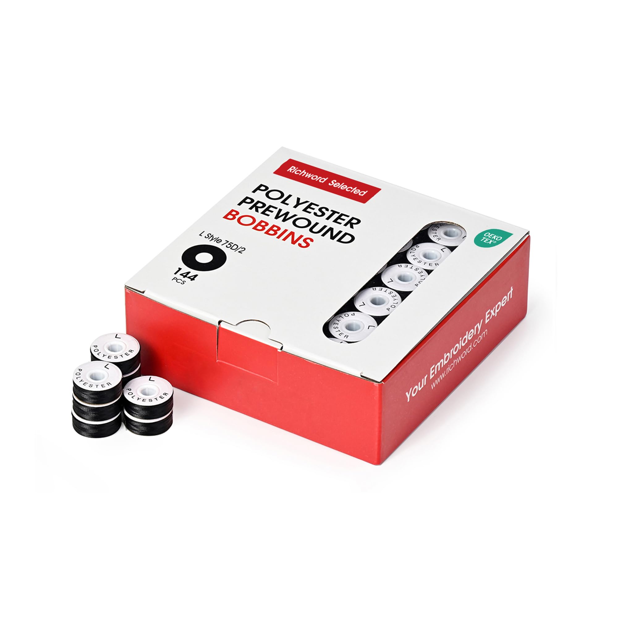 BAI Prewound Embroidery Bobbins 144pcs Style L SA155 60WT | Black Prewound Bobbins 75D/2, Cardboard Sided Design, 144pcs Bulk Pack for Commercial