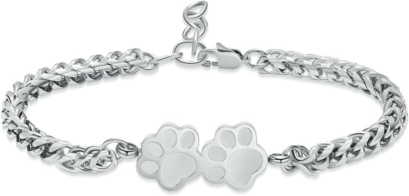 Customized Urn Bracelet Double Dog Paw Design Stainless Steel Snake Chain Adjustable Pet/Human Ashes Holder Elegant Gift Jewelry-C