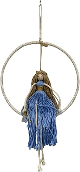 Handcrafted Macrame Doll with Flowing Blue Dress and Braided Hair - Charming Macrame Angel Decoration 7.9x9.9 inches