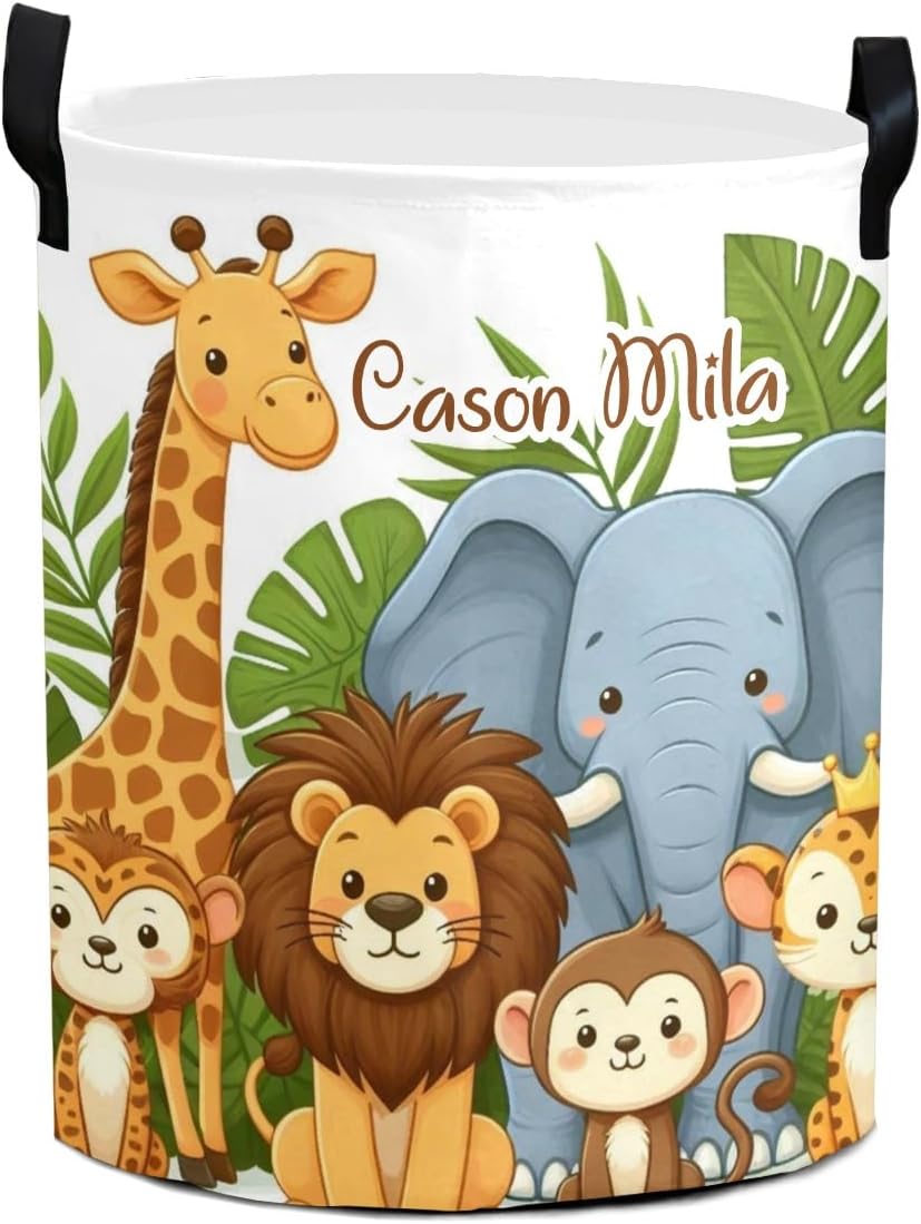 Safari Forest Animal Personalized Laundry Basket Custom Name Collapsible Waterproof Laundry Hamper Clothes with Handle for Bedroom Bathroom Nursery Decor