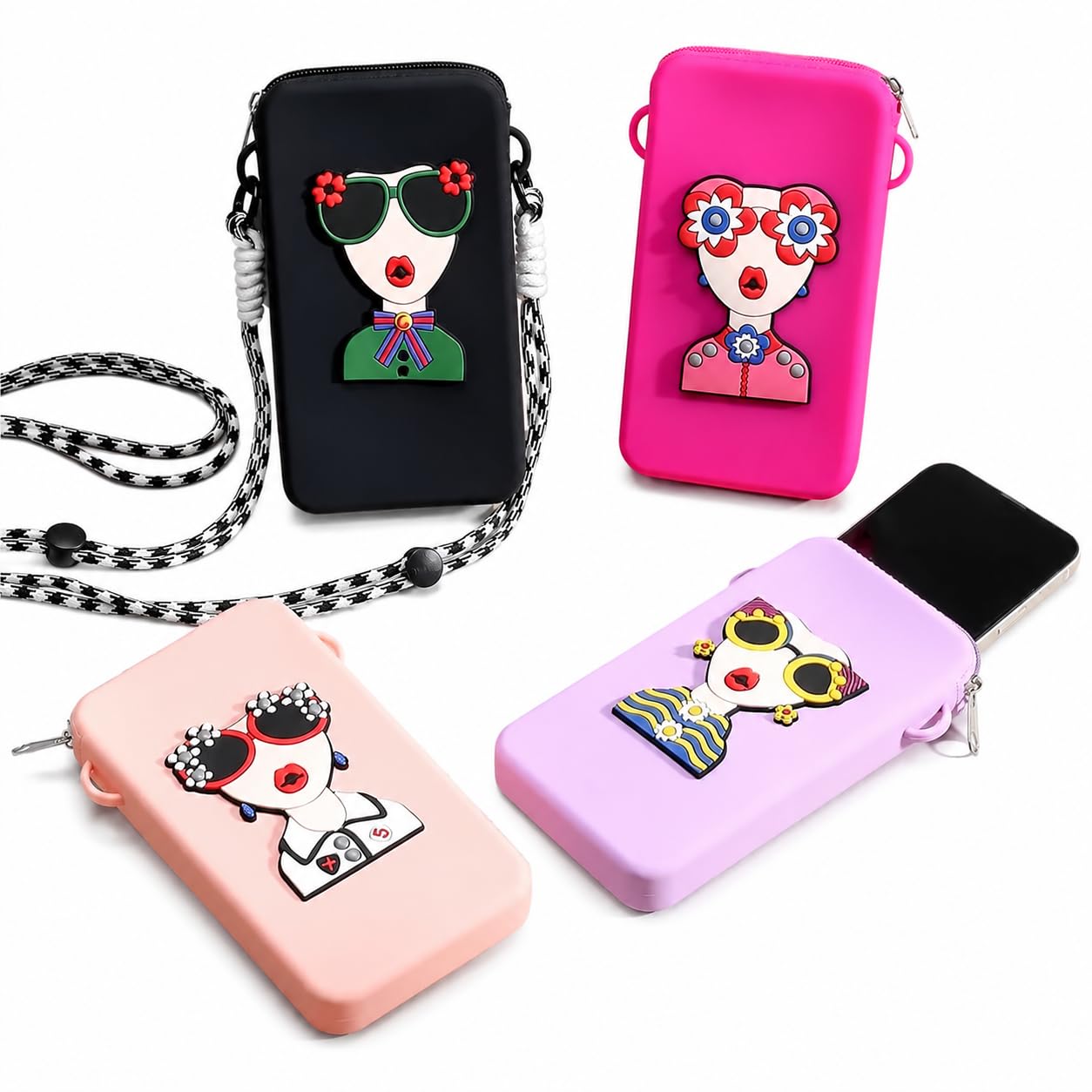 2 in 1 Silicone Mobile Pouch Crossbody And Sling Bag for Women & Girls Adjustable Shoulder Strap Cute Cartoon Phone Case Wallet Waterproof Travel Shopping Daily Use [Multicolor]-image-22