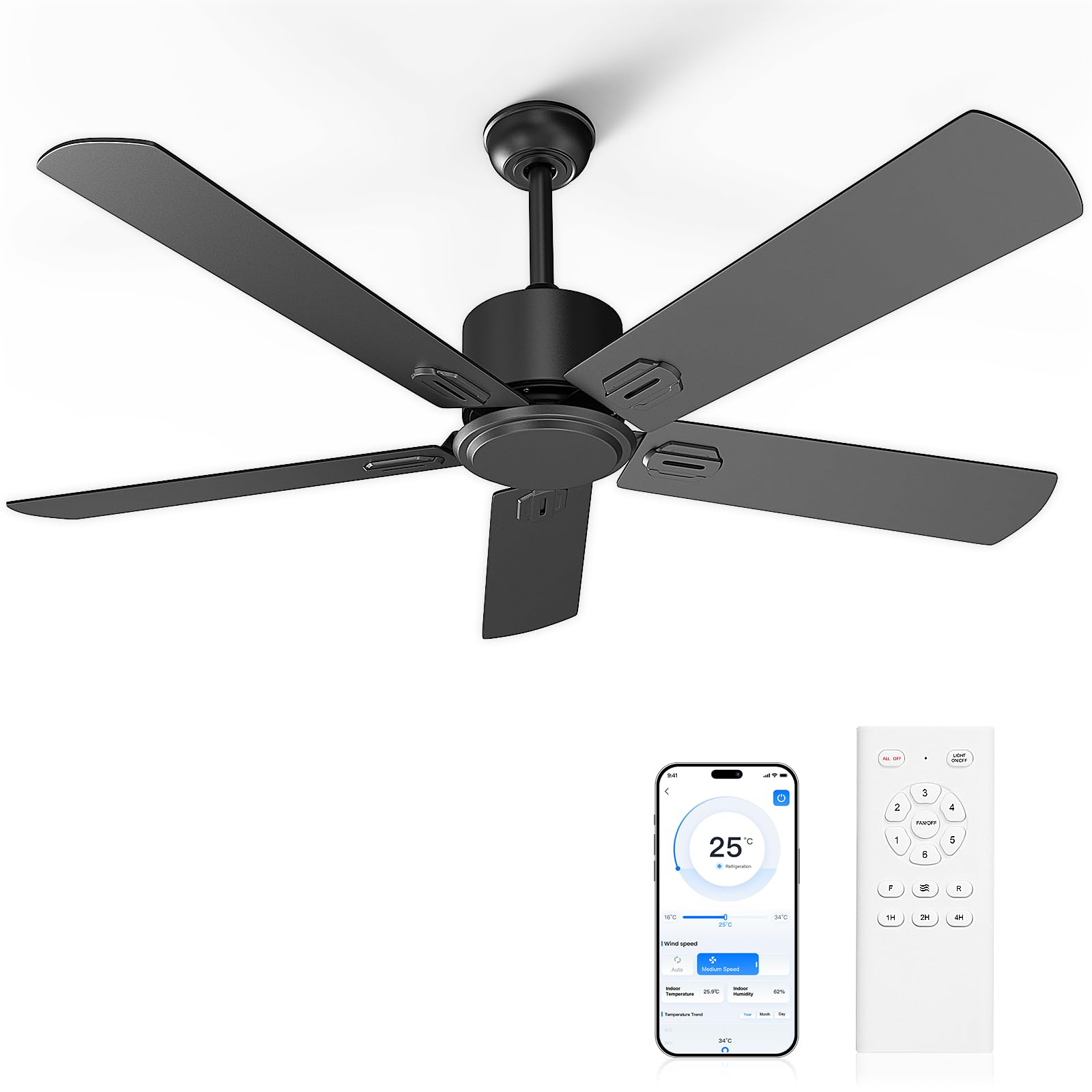 Obabala 52 Inch Ceiling Fan No Light, Outdoor Indoor Flush Mount Low Profile DC Motor Fan with Remote and APP, 5 Blades Reversible Silent Fan for Patio, Bedroom, Living Room, Garage, Black