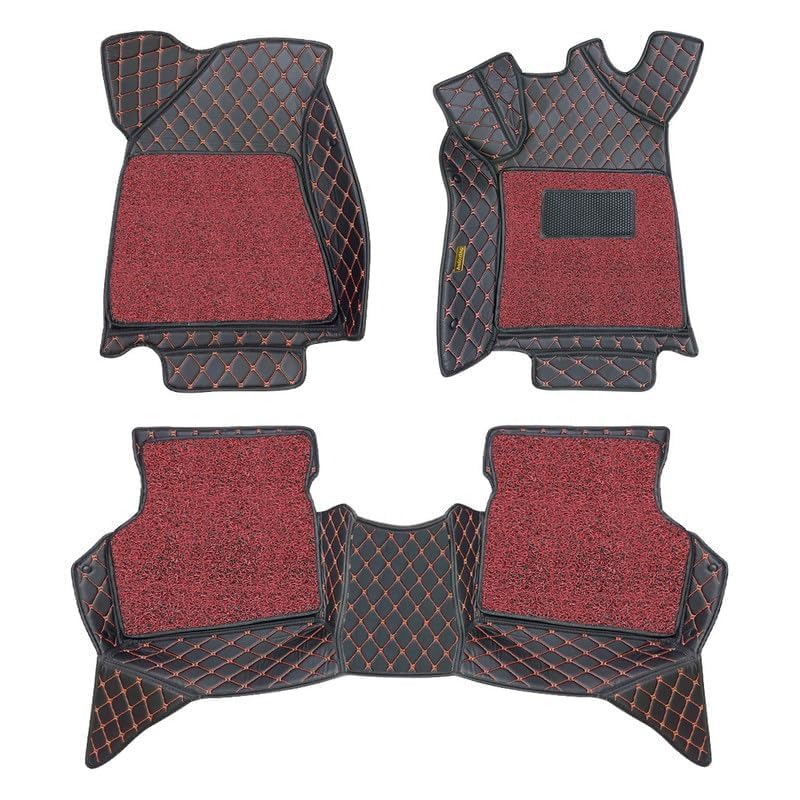 Image of 7D Luxury Car Floor Mat for Skoda Kushaq | 7-Layer Leather, Curly Base, Anti-Skid & Waterproof (Black Red with Red Curly)