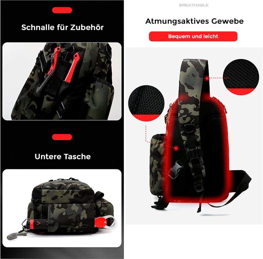 Wasserdichter Angel-Rucksack, multifunktionale Umhängetasche, kompakter Angelrucksack, mit Halterung für Angelruten, Angelzubehör, Camouflage, Grün, L, Angeltaschen