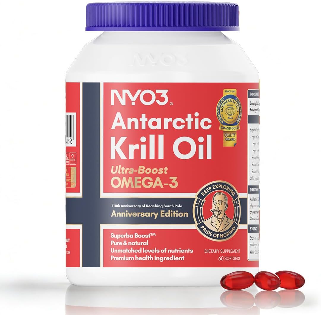 NYO3 Krill Oil 1000mg Omega 3 Supplement, 56% Phospholipids for 98% Absorption, Antarctic Superba Boost Krill Oil, High EPA & DHA for Heart Brain Blood Lipid Health, No Fishy Burps, 60 Softgels