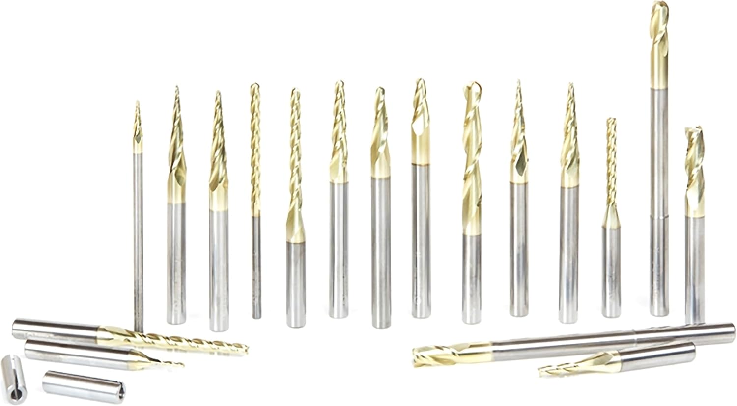 Amana Tool Solid Carbide Up Cut Spiral Tapered CNC Router Bits Set for 2D/3D Carving and Lettering, ZrN Coated, AMS-143, 18-Pc, 1/8 and 1/4 Inch Shank