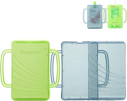 PandaEar 2 Pack Squeeze Proof Food Pouch Holder for Toddlers | Spill-Proof Baby Pouch & Juice Box Holder with Handles | Slide to Open Design Blue Purple
