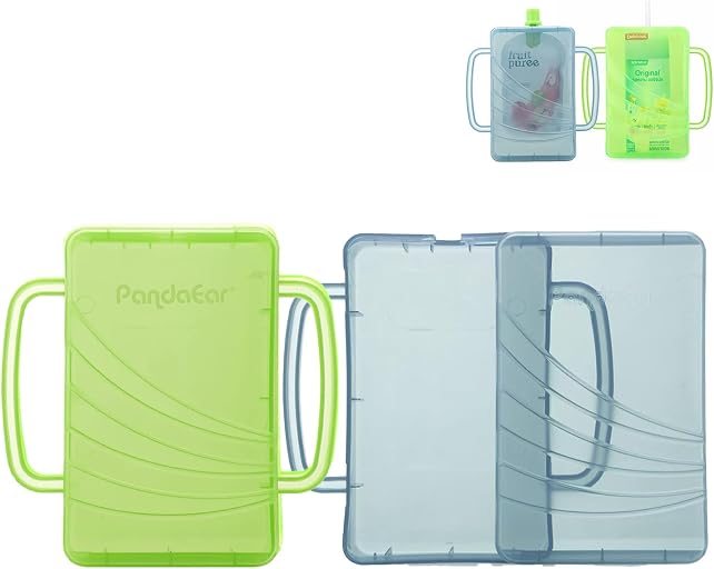 PandaEar 2 Pack Squeeze Proof Food Pouch Holder for Toddlers | Spill-Proof Baby Pouch & Juice Box Holder with Handles | Slide to Open Design (Green/Blue)
