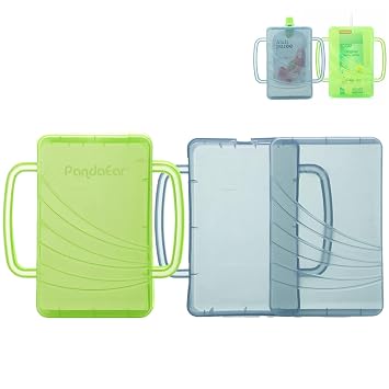 PandaEar 2 Pack Squeeze Proof Food Pouch Holder for Toddlers | Spill-Proof Baby Pouch & Juice Box Holder with Handles | Slide to Open Design Green/Blue
