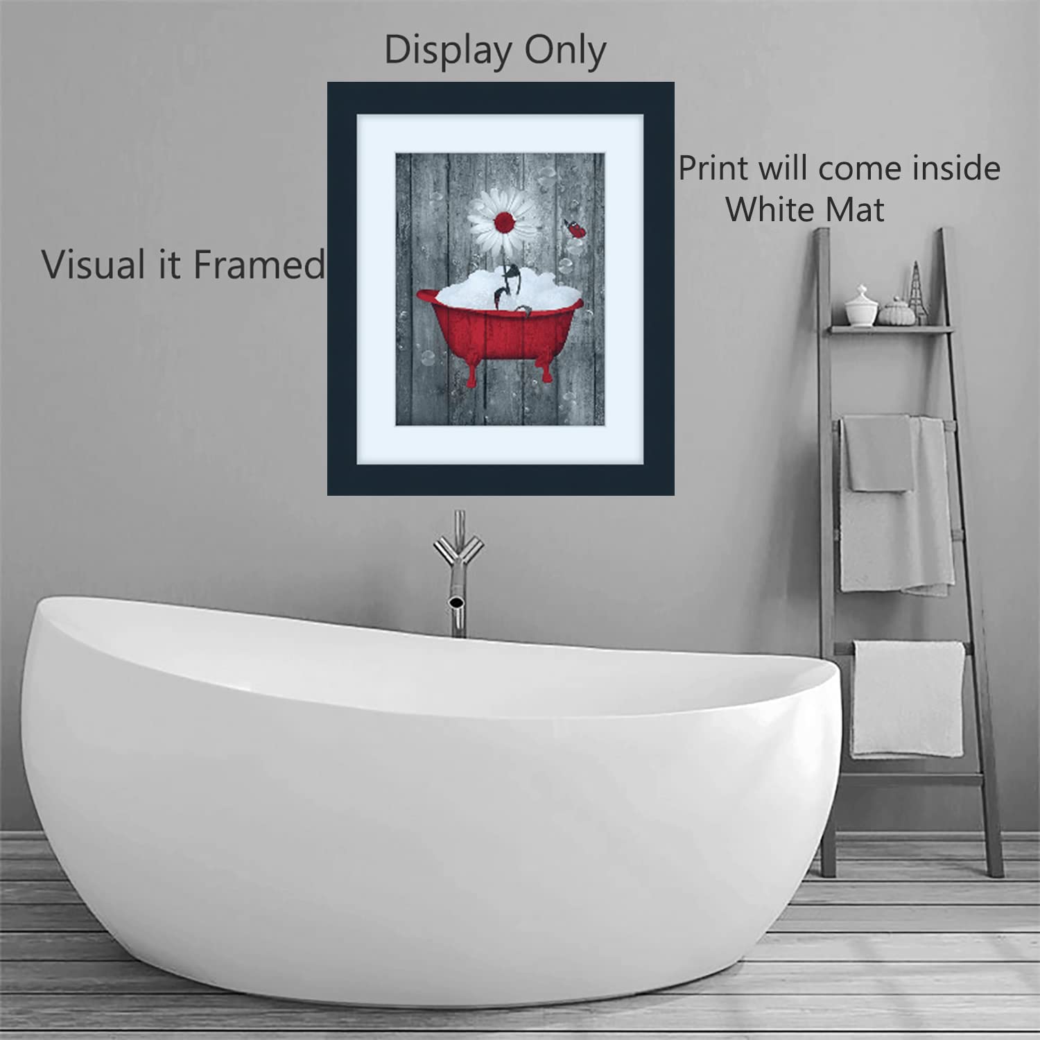 Bathroom Wall Decor, Red Rustic Daisy Flower Vintage Tub Modern Farmhouse Matted Wall Art Picture (8x10 photo with 11x14 mat, Red)