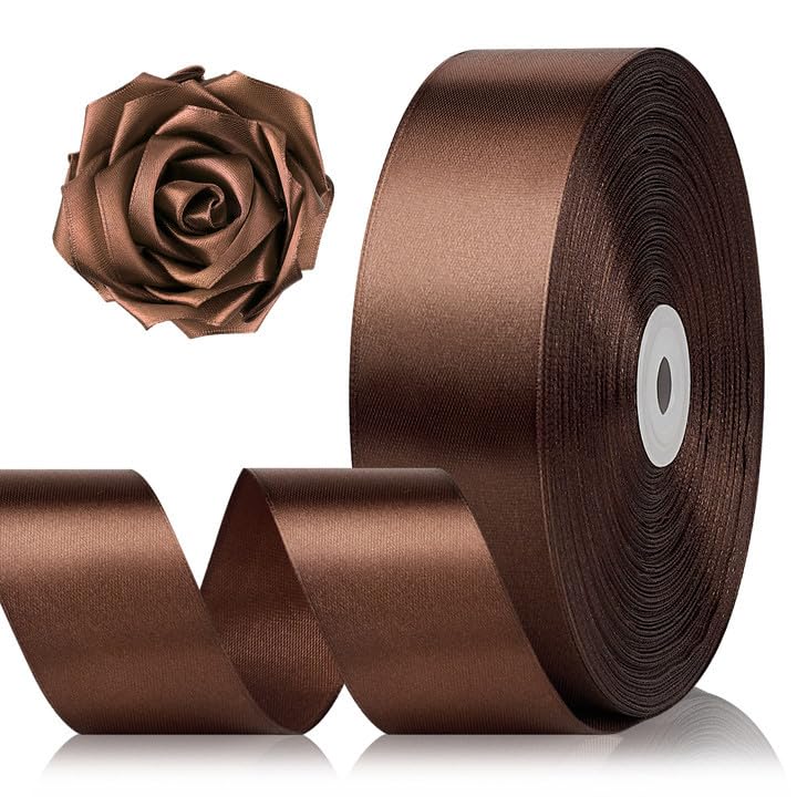 1-1/2 Inch 100 Yards Brown Satin Ribbon Solid Fabric Ribbon Roll for Flower Bouquet Gift Wrapping Roses Making Handmade Crafts