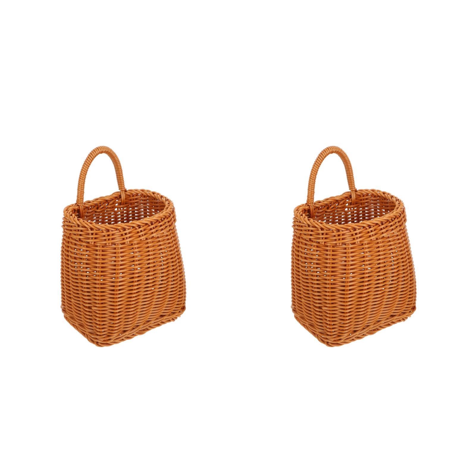 2Pcs Imitation Rattan Wall Hanging Basket Woven Storage Basket Kitchen Organizer for Fruit, Garlic and Ginger Organizer, 9.64X6.10X8.66In