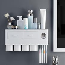 Bathroom Toothbrush Holder, 2/3/4 Cup Wall Mounted Toothbrush Holder With Toothpaste Dispenser, Large Capacity Tray, Cosmetic Drawer,4cups