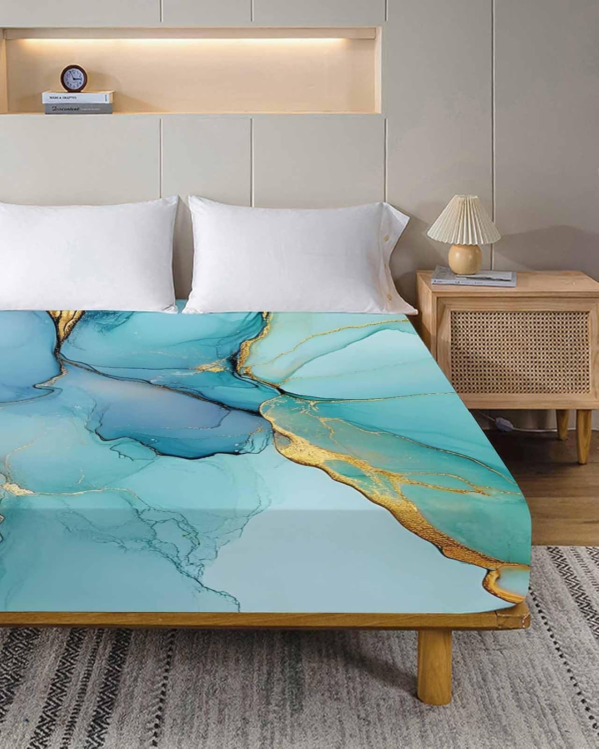 Queen Top Sheet Bedding Flat Sheet Only, Ombre Aqua Green Blue Marble Soft Microfiber Bed Sheets Hotel Luxury, Golden Vein Abstract Color Breathable Top Sheets Easy Care