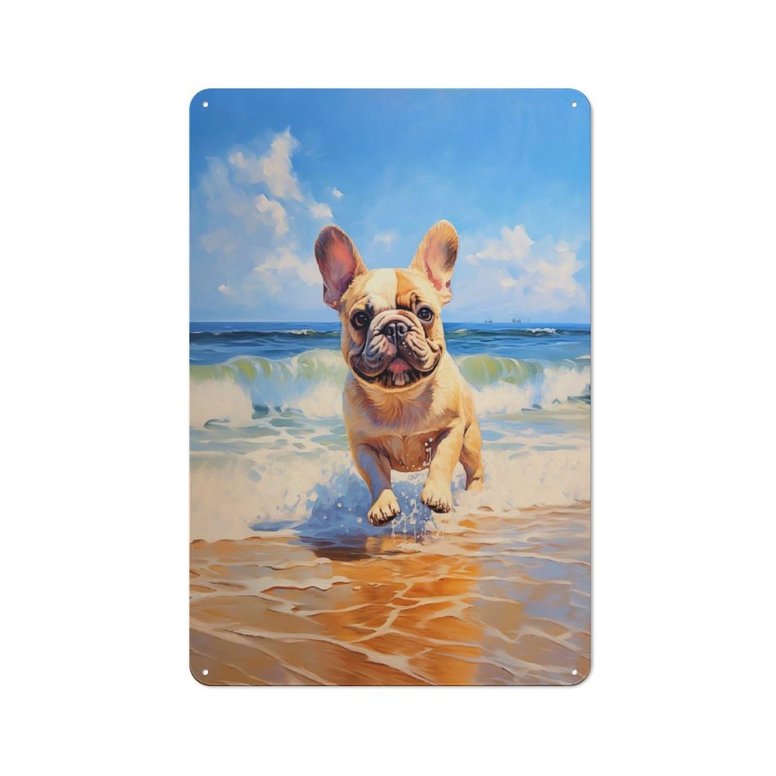 Frenchie on The Beach Vintage Tin Sign 30x20cm, Rustic Bistro Wall Plaque for Coffee Bar, Kitchen, Bistro Or Tea Corner