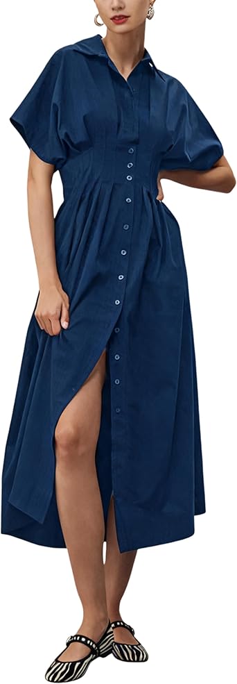 Yeokou Shirt Dress for Women Summer Casual Short Sleeve Button Down Loose Pleated Maxi Sundress with Pockets