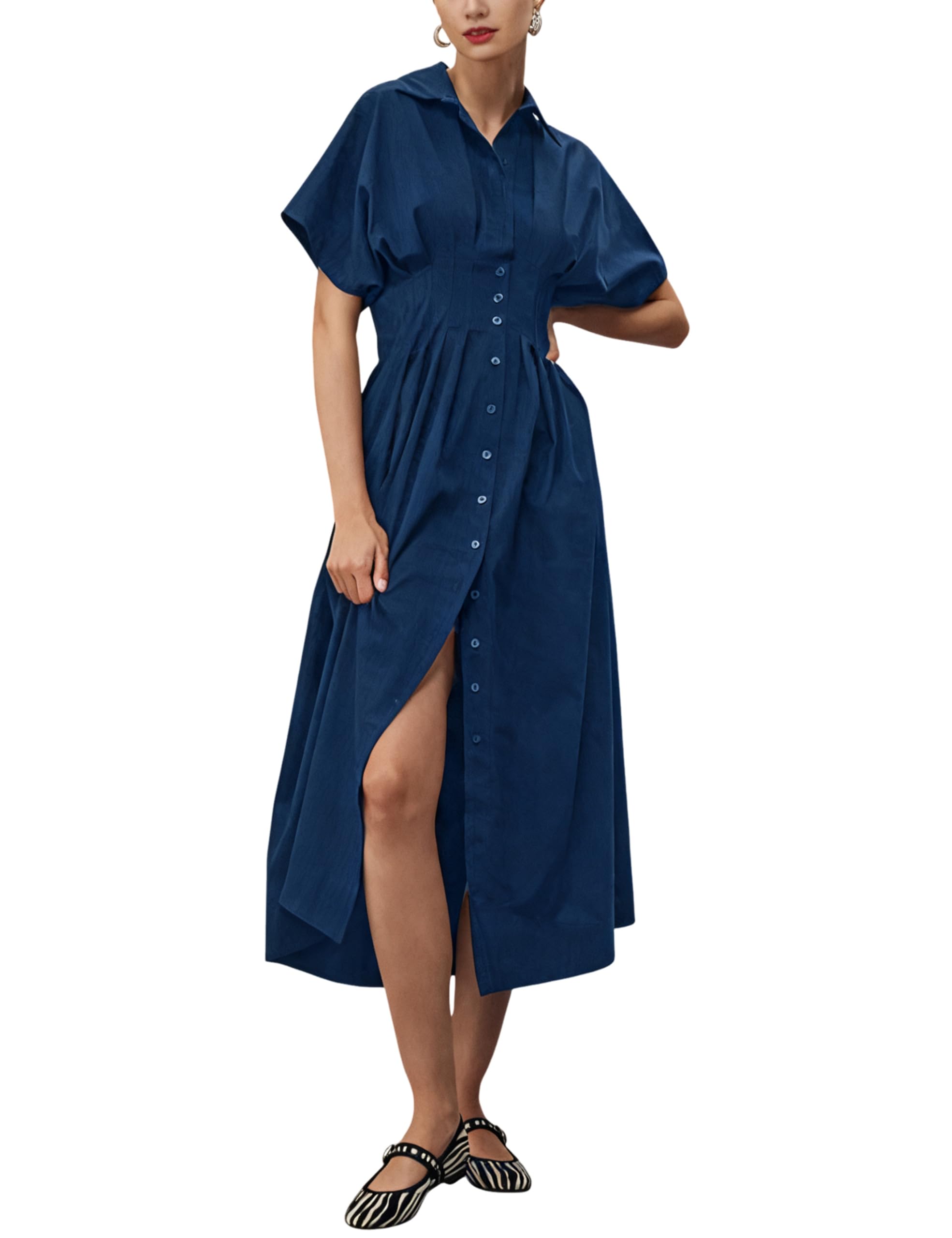 Shirt Dress for Women Short Sleeve Button Front Casual Pleated Flowy Maxi Sundress with Pockets