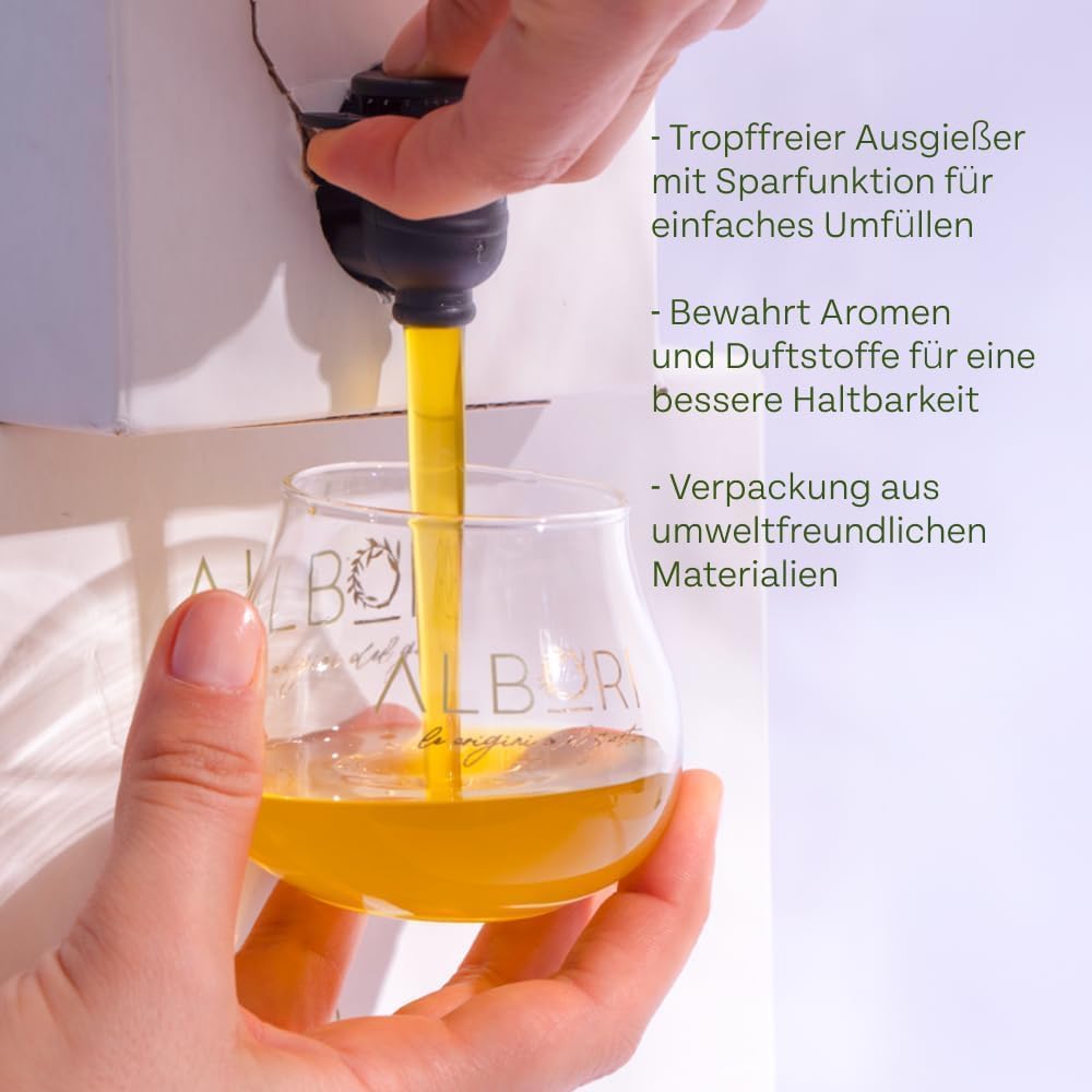 ALBORI Peranzana- Olivenöl 5 Liter NEU 2025/2026 Italienisch Extra Nativ Apulisches Kaltgepresst Monokultivar in Kartonbox Ohne Umfüllen, Intensiven Fisch Fleisch Gemüse Verschwendungsfreier Ausgießer