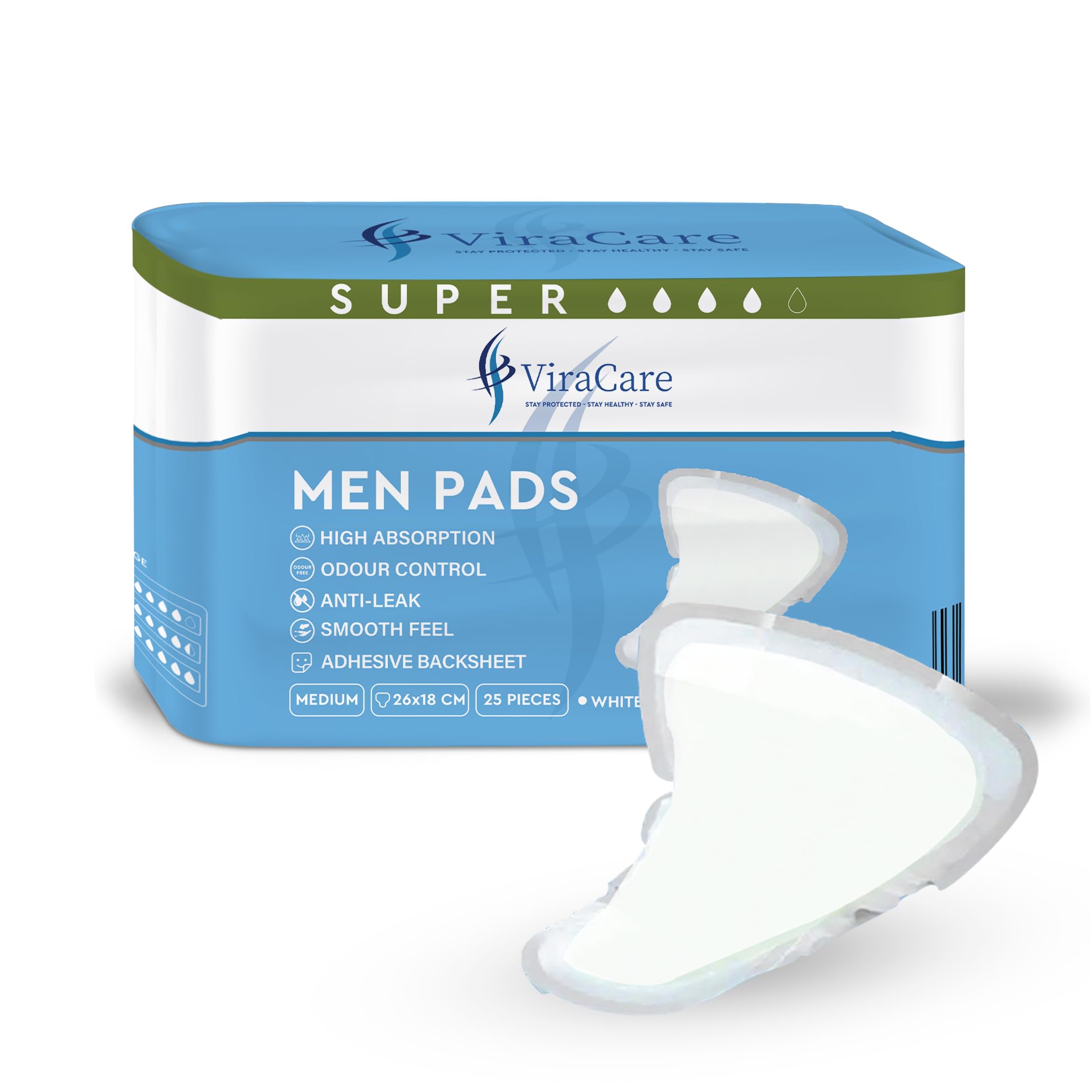 ViraCare 25 x Incontinence Pads Men with Adhesive Backsheet | Provides Extra Protection and Smooth Feel | Mens Incontinence Pads | Size 26 x 18 cm | Pads for Men | Bladder Weakness Pads Men |