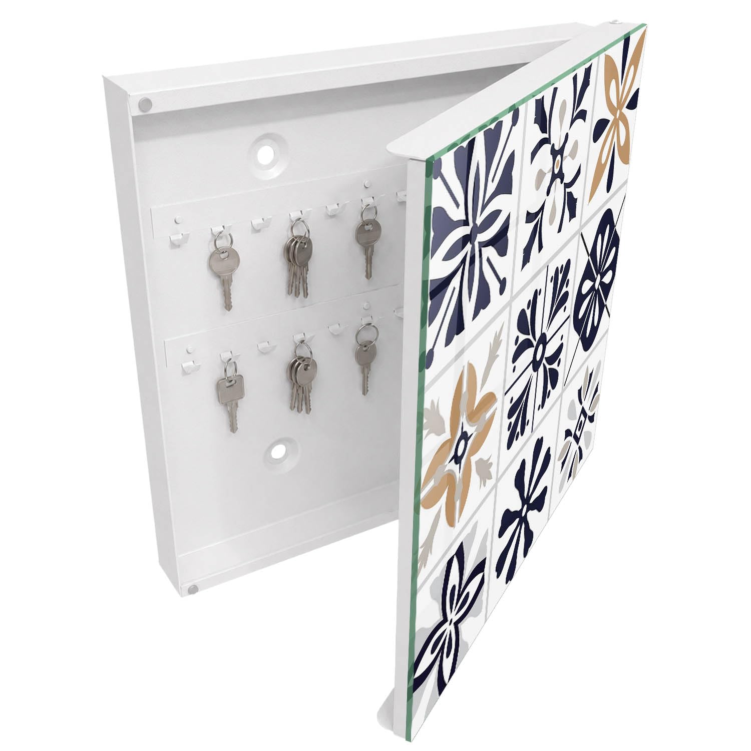 Tulup Armario de Llaves 30x30 cm | Blanco | Derecha | Montaje en Pared | Patrones geométricos | Kit de Montaje Incluido | Frente Decorativo de Cristal | Organizador | de Metal | 50 Ganchos