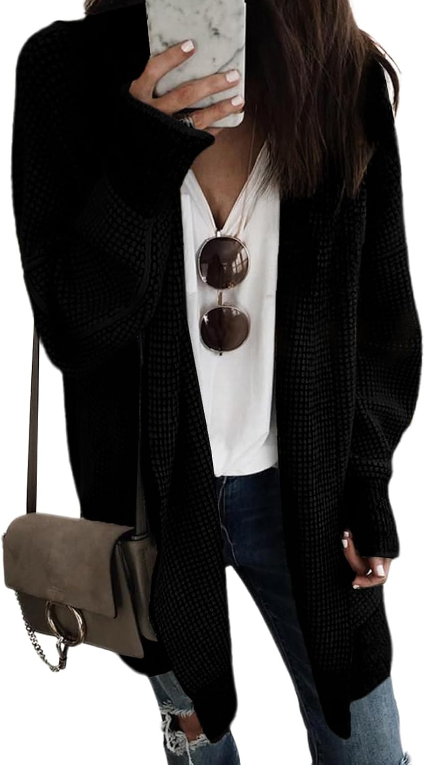 Sidefeel Cardigan for Women Long Sleeve Open Front Checkered Chunky Knit Oversized Cardigans Sweaters Winter Coats Black X-Large