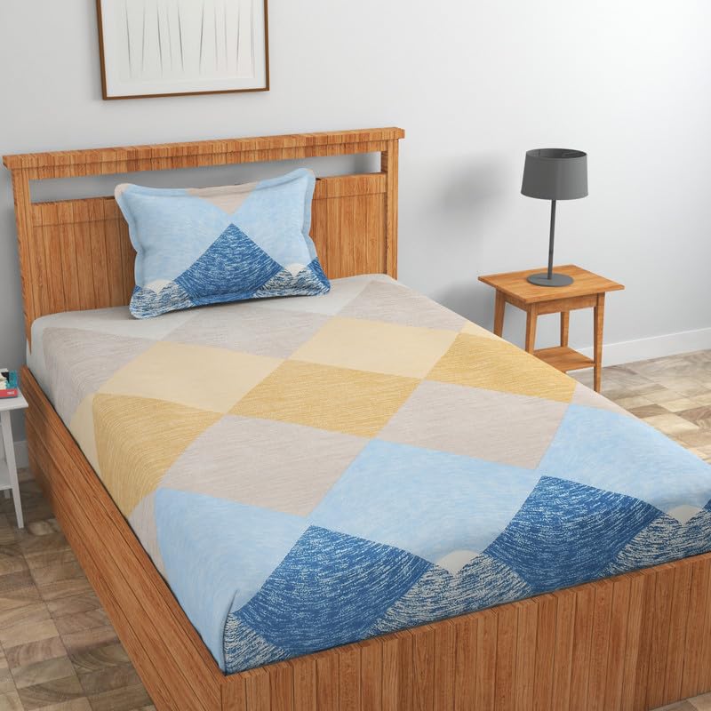 Image of NHD HOME Pure Cotton 180 to 220 tc Flat Single Bedsheets for Summer Breathable | Wrinklefree | Super Soft (Size-60 X 90 Inch) with 1 Pillow Covers (Size-17 X 27 Inches, Floral, Beige Blue)