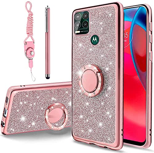 B-wishy for Moto G Stylus 5G Phone Case with Stylus Pen, Luxury Glitter Sparkles Cute Silicone TPU Case for Women Girls with Kickstand, Bling Rhinestone Slim Case for Motorola G Stylus 5G,Pink