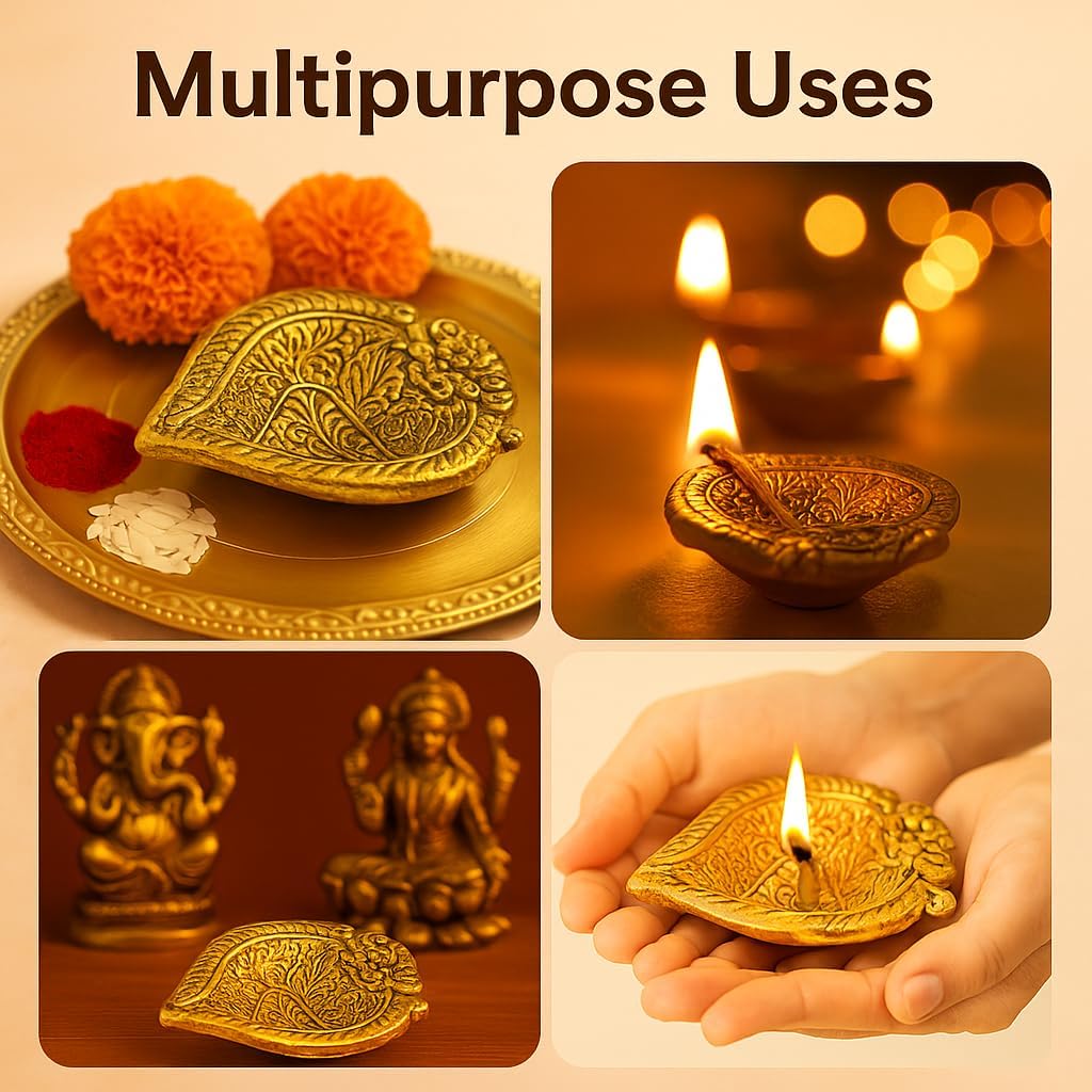 IndianShelf 20 Piece High Quality Golden Leaf Decorative Oil Lamps for Ritual Puja Diwali Diya Indian Pooja Decor