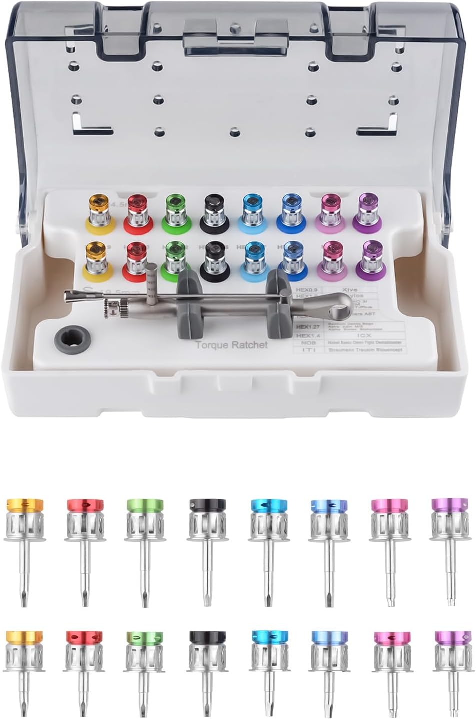 Global-Dental Colorful Implant Prosthetic Universal Torque Wrench Kit Screwdriver Tool Adjustable Value of 10-70Ncm with 16 Screwdrivers