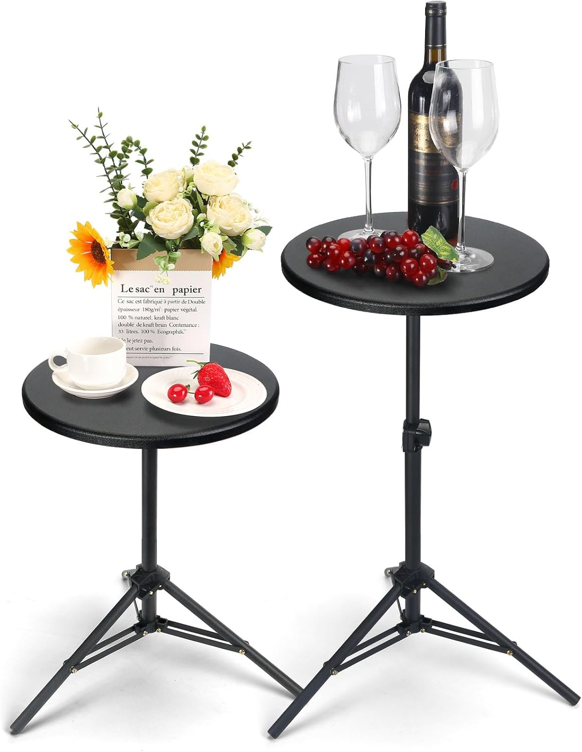 Small Round Side Table,Round Folding End Table,Adjustable Side Table, End Tables for Living Room,Bedroom,Small Side Table for Small Spaces,Small Accent Table 13.7 Inch(2, Black) Black 2