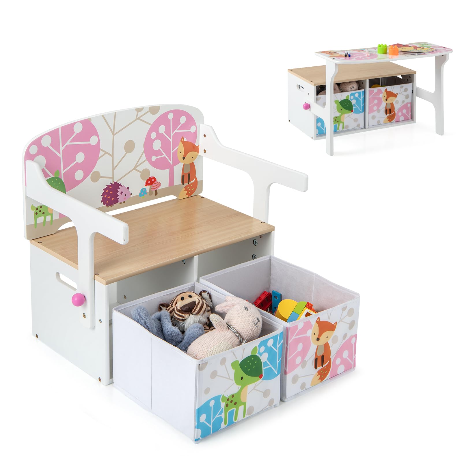 LIFEZEAL Panca portaoggetti 3 in 1 con 2 cassetti, cassapanca in legno, set tavolo con sgabello per bambini 3-7 anni, sedile con carico 60 kg, vassoio con carico 10 kg (bianco)