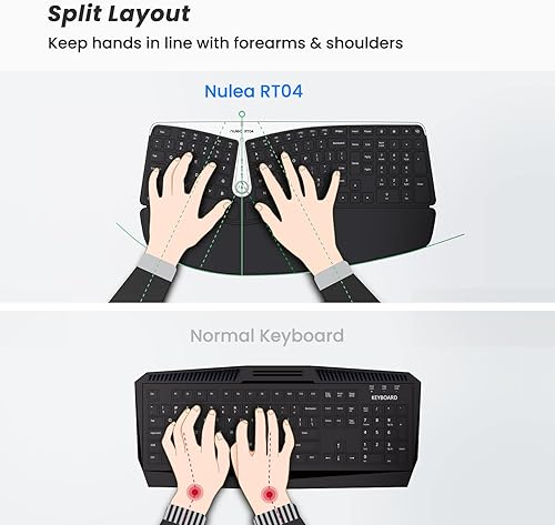 Miniatura 2 de Nulea RT04 Teclado ergonómico inalámbrico, teclado dividido de 2.4 G con soporte acolchado para muñeca y palma, diseño de teclado arqueado para