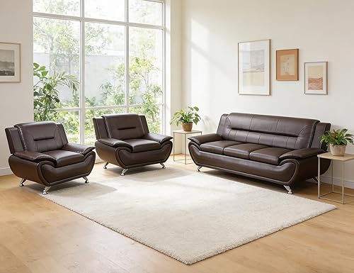 Miniatura 23 de Sofás Seccionales de Cuero, Conjuntos de Muebles de Sala de Estar, 3 Piezas Conjunto de Sofá Moderno para Sala de Crema