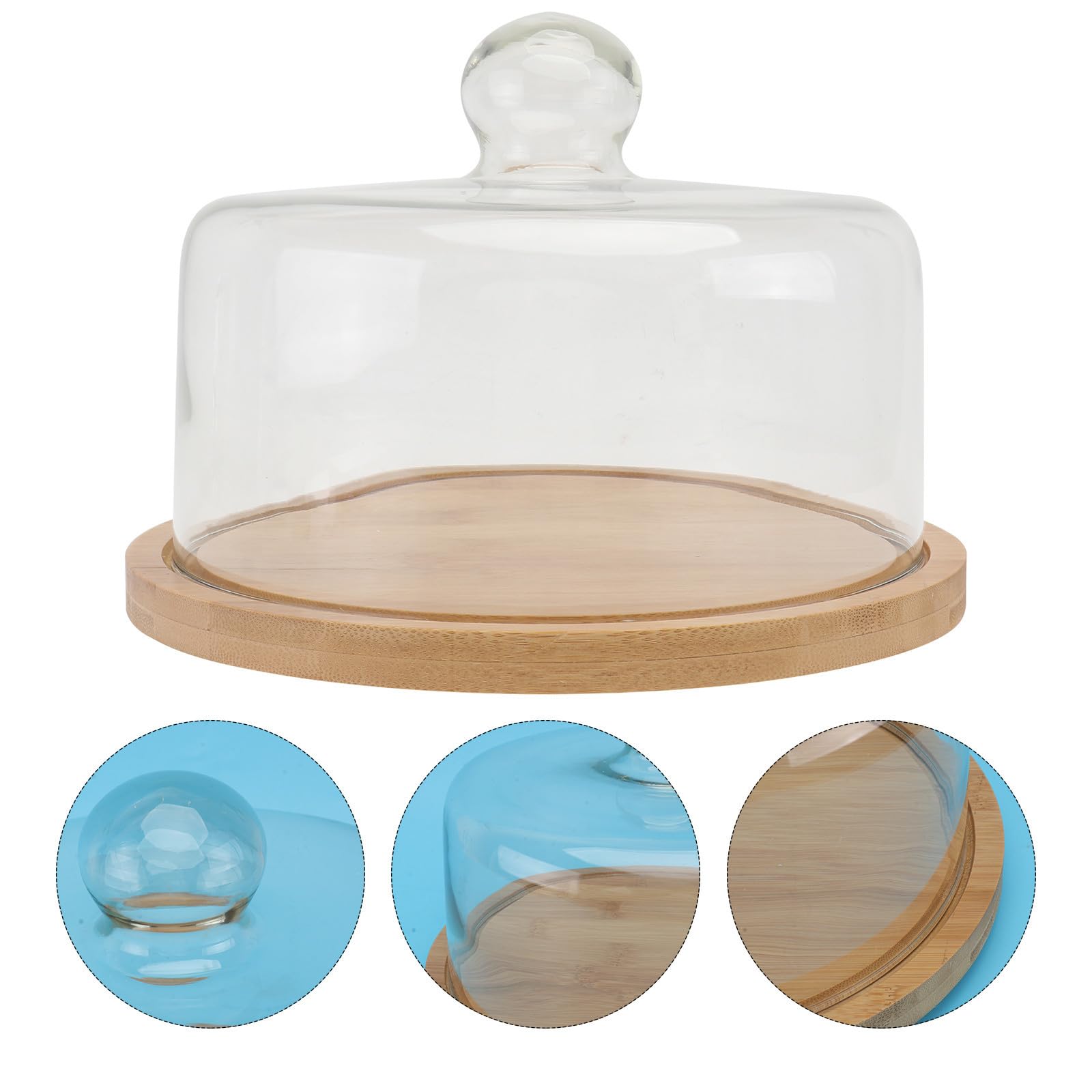 Zerodeko Set per Dolci Vassoio Girevole in Bamboo e Coperchio in Vetro Trasparente, per Mantenere Puliti Snack e Pasticceria in Occasione di Housewarming