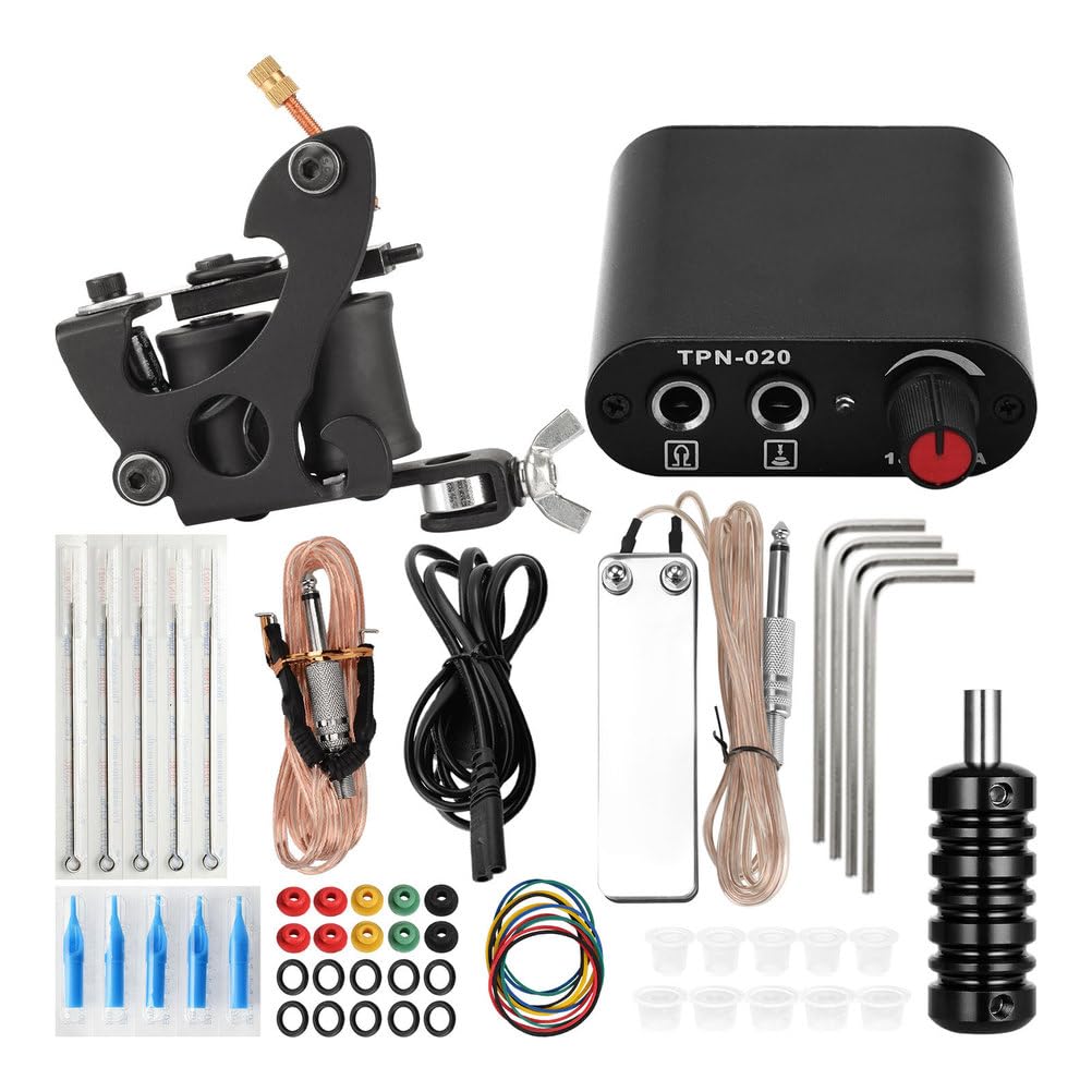 Coil Tattoo Machine Starter Set tattoo kit for beginners - Complete Tattoo Kit with Power Supply, Adjustable Grip, Cartridges and Accessories for Lining Practice