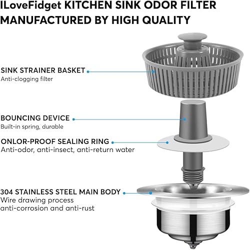 Miniatura 4 de Colador de drenaje para fregadero de cocina de acero inoxidable 3 en 1, filtro de drenaje, filtro de olor, tapón, resistente al óxido y eficiente,