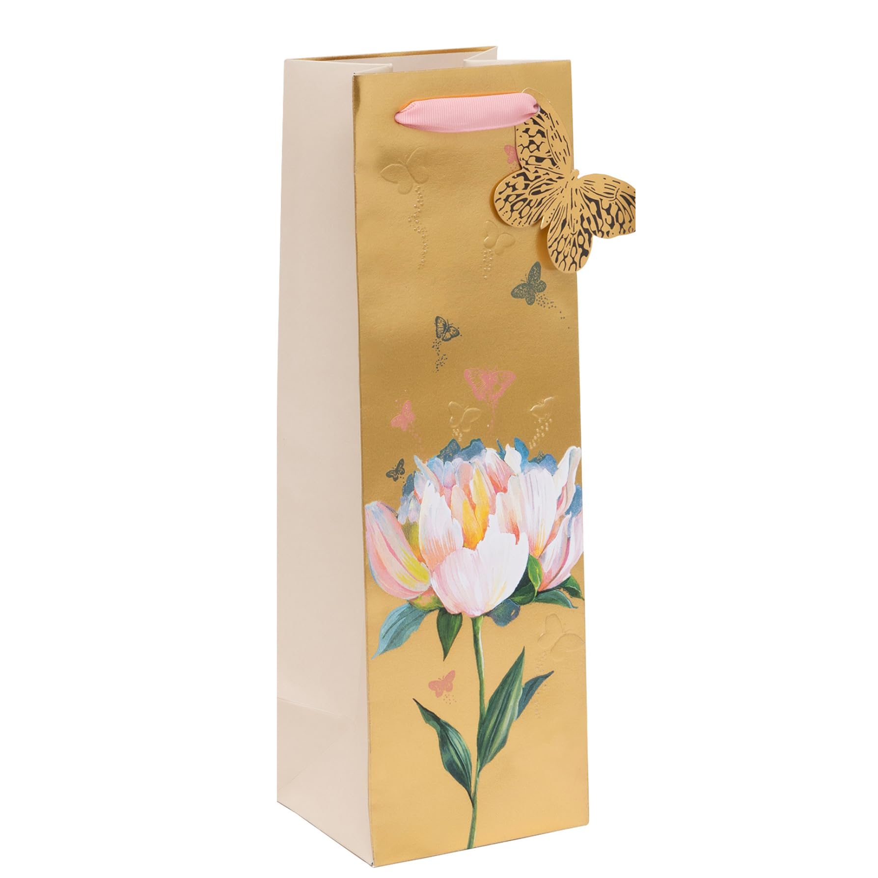 Glick Bottle Gift Bag, Golden Waterlily, 110 x 340 x 100 mm, Luxury Recyclable Bottle Bag for Birthdays & Celebrations