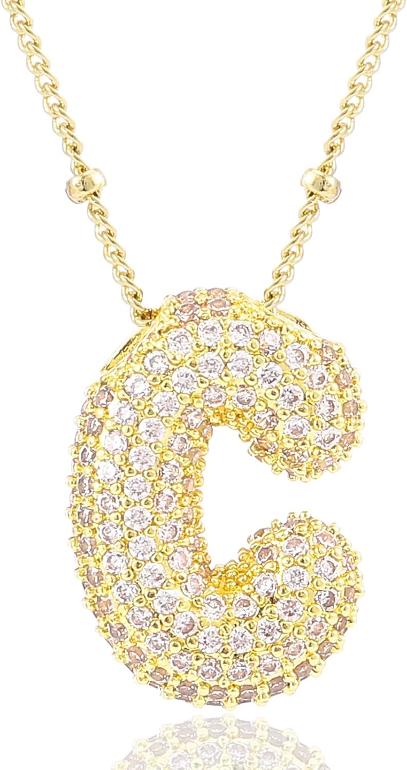 CCINPPY Letter Necklace, 14k Gold Plated Bubble Balloon Dainty Necklace for Women, Chunky Initial Charm Pendant Name Necklace Personalized