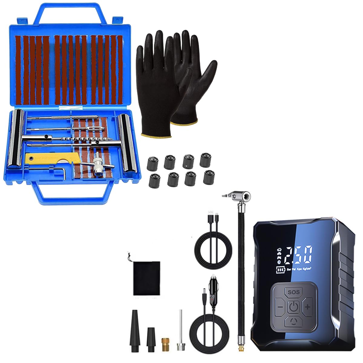 Car Tire Repair Kit 37 Pieces + Compressor Air Car, Compresseur Air Portatif, Meche Flat Tire for Cars, Motorcycles, Trucks, ATV - Pack YIJIA