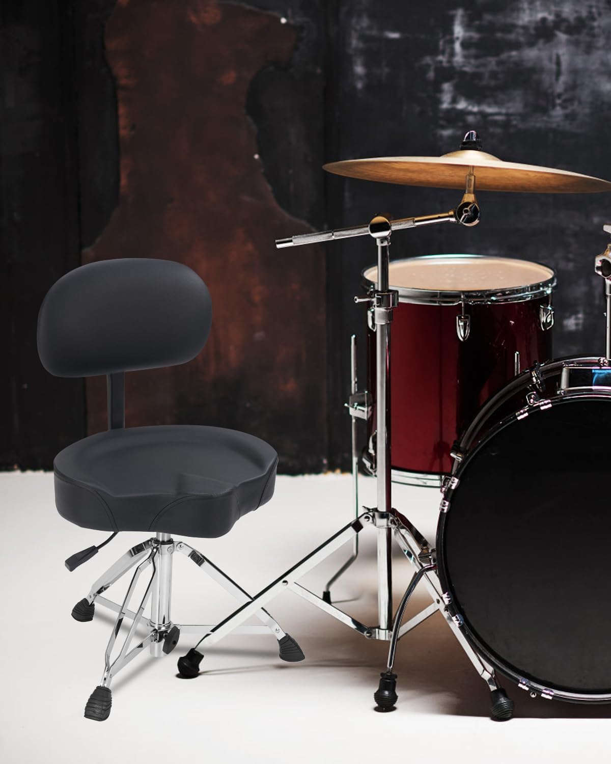 RVONE Heavy Duty Drum Stool with Backrest for 440LB– Hydraulic Adjustable Height Drum Throne with Motorcycle Style Saddle Seat for Professional Adult Drummers Stage Stuido(Black)