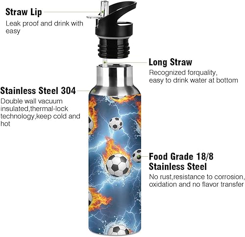 Miniatura 3 de Stainless Steel Vacuum Insulated Water Bottle 20 Oz, Leakproof Water Bottles for Gym Outdoor Travel School, Soccer Balls Water Flames
