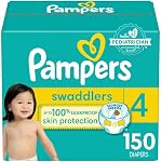 Couches Pampers Swaddlers, Taille 4 (15-34 lb), 150 unités, Absorbantes, Gardent bébé au sec et à l'aise, Couches jetables sûres pour la peau