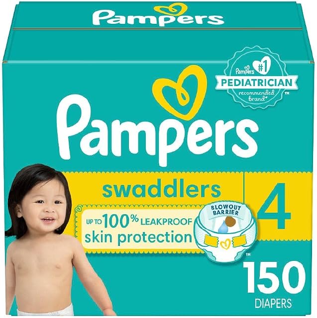 Couches Pampers Swaddlers, Taille 4 (15-34 lb), 150 unités, Absorbantes, Gardent bébé au sec et à l'aise, Couches jetables sûres pour la peau