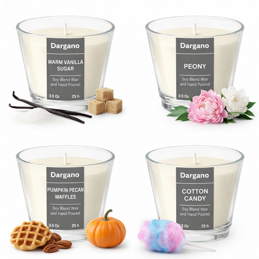 Scented Candles Gift Set, 4 Soy Wax Blend Candles 100g/3.5 oz Each (Pumpkin Pecan Waffles, Peony, Warm Vanilla Sugar, Cotton Candy