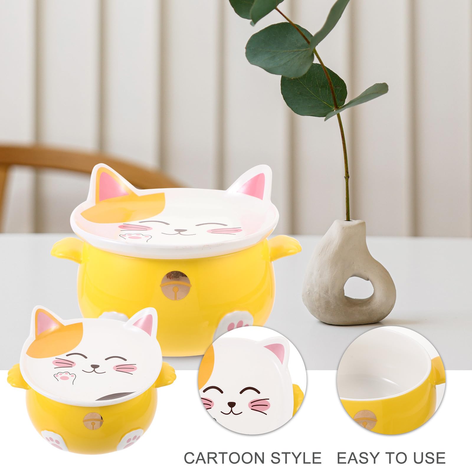 Tazón de Ramen de Gato de Cerámica Tapa, Multiusos para Sopa y Postre, Diseño Amarillo Borde Liso Adecuado para Uso en Casa