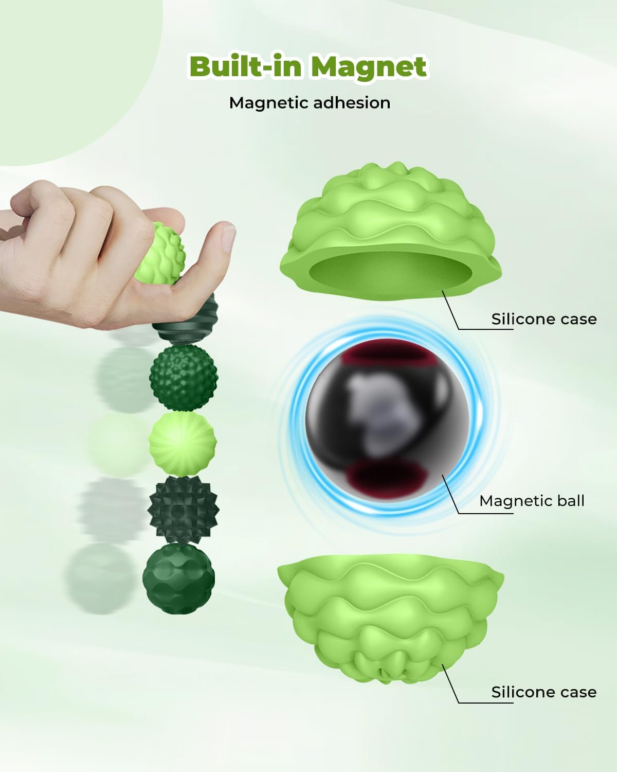 12 Pack Silicone Magnetic Sensory Fidget Balls for Adults and Teens(14+), Silent Office Desk Stress Balls, Fun Textured Design, Suitable for Autism, ADHD, Anxiety (Black & Green)
