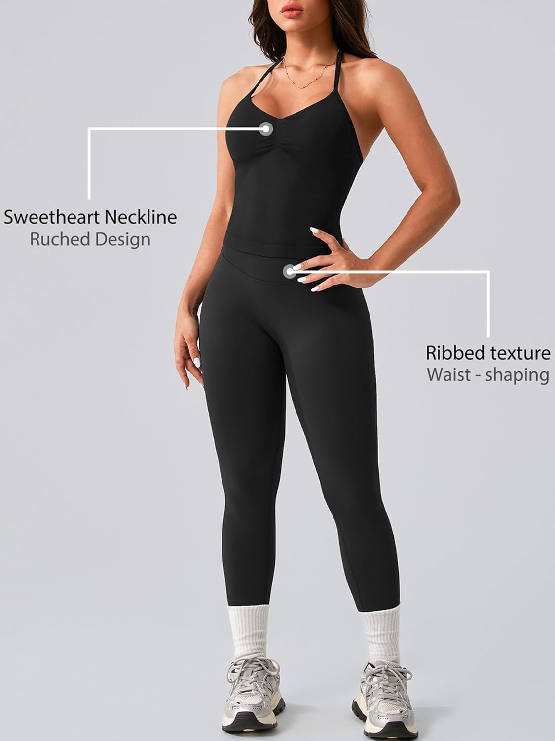 2 Piece Ribbed Seamless Workout Sets for Women No Front Seam High Waisted Yoga Leggings & Adjustable Halter Bra Work Out Set