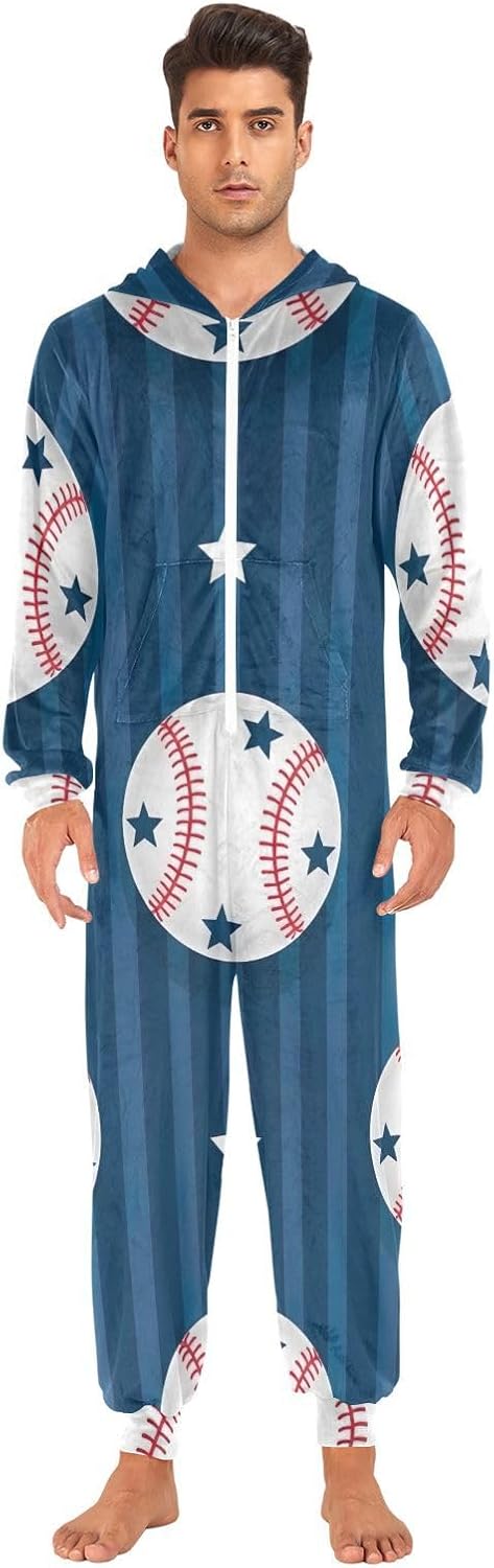 GAIREG White Baseballs Blue Stripe One-Piece Pajama Jumpsuits, Soft Onesie Pajamas for Adult Womens