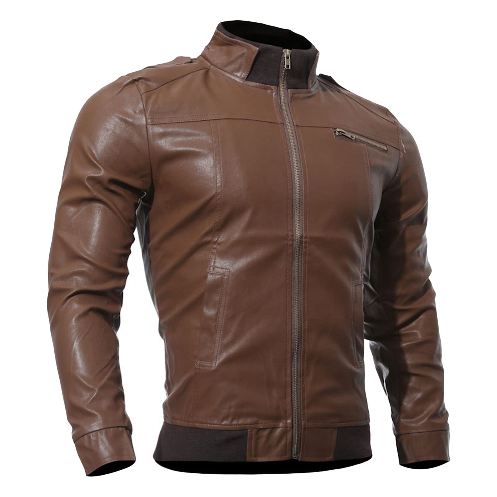 Maiyifu-GJ Men's Slim Motorcycle Jacket Faux Leather Zip Up Windproof Moto Coat Stand Collar Vintage Bomber Outwear (Dark Brown,3X-Large)